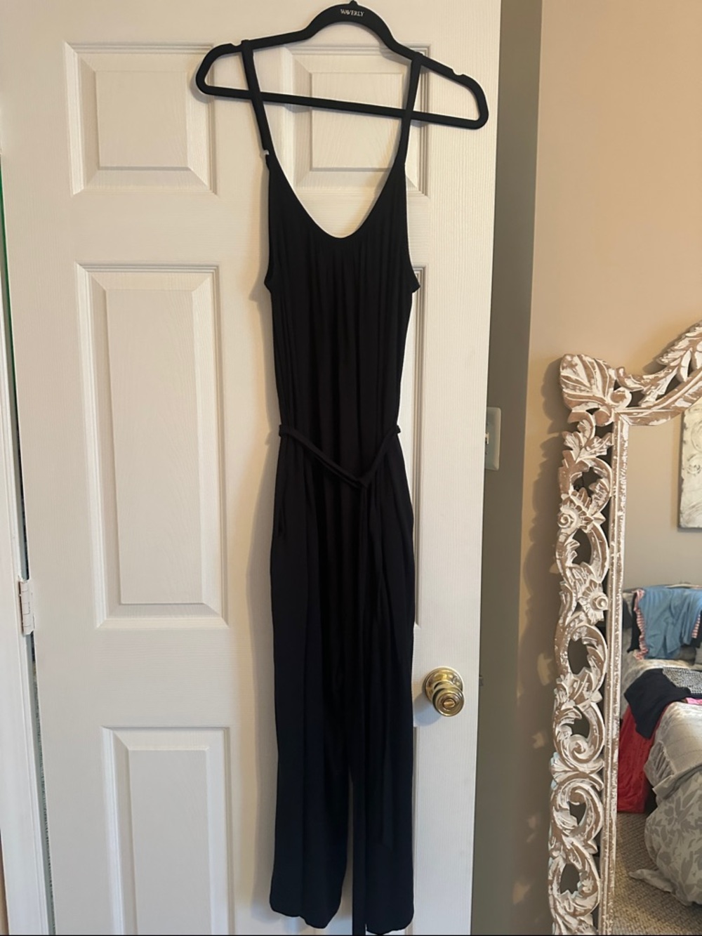Tori Richard Black Sleeveless Slip Jumpsuit with Self-Tie Belt